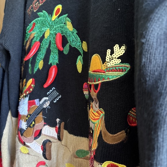 Women's 2X Feliz Navidad Ugly Christmas Sweater 3D Chili Pepper Santa Sombrero - Picture 3 of 7